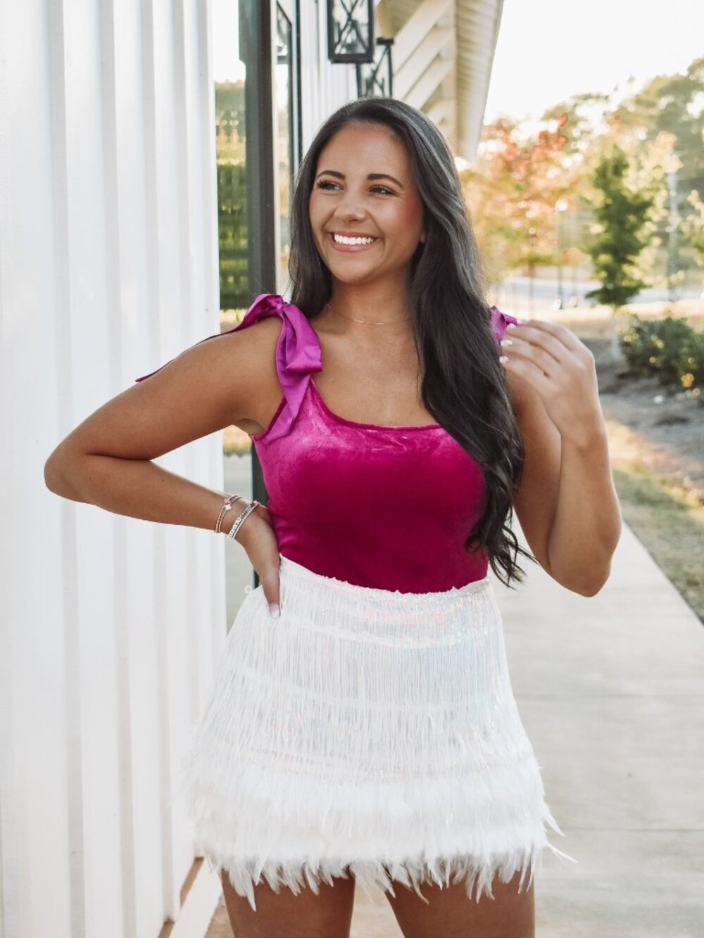 White Sequin Feather Mini Skirt Shorts | Sorority Concert Game Day